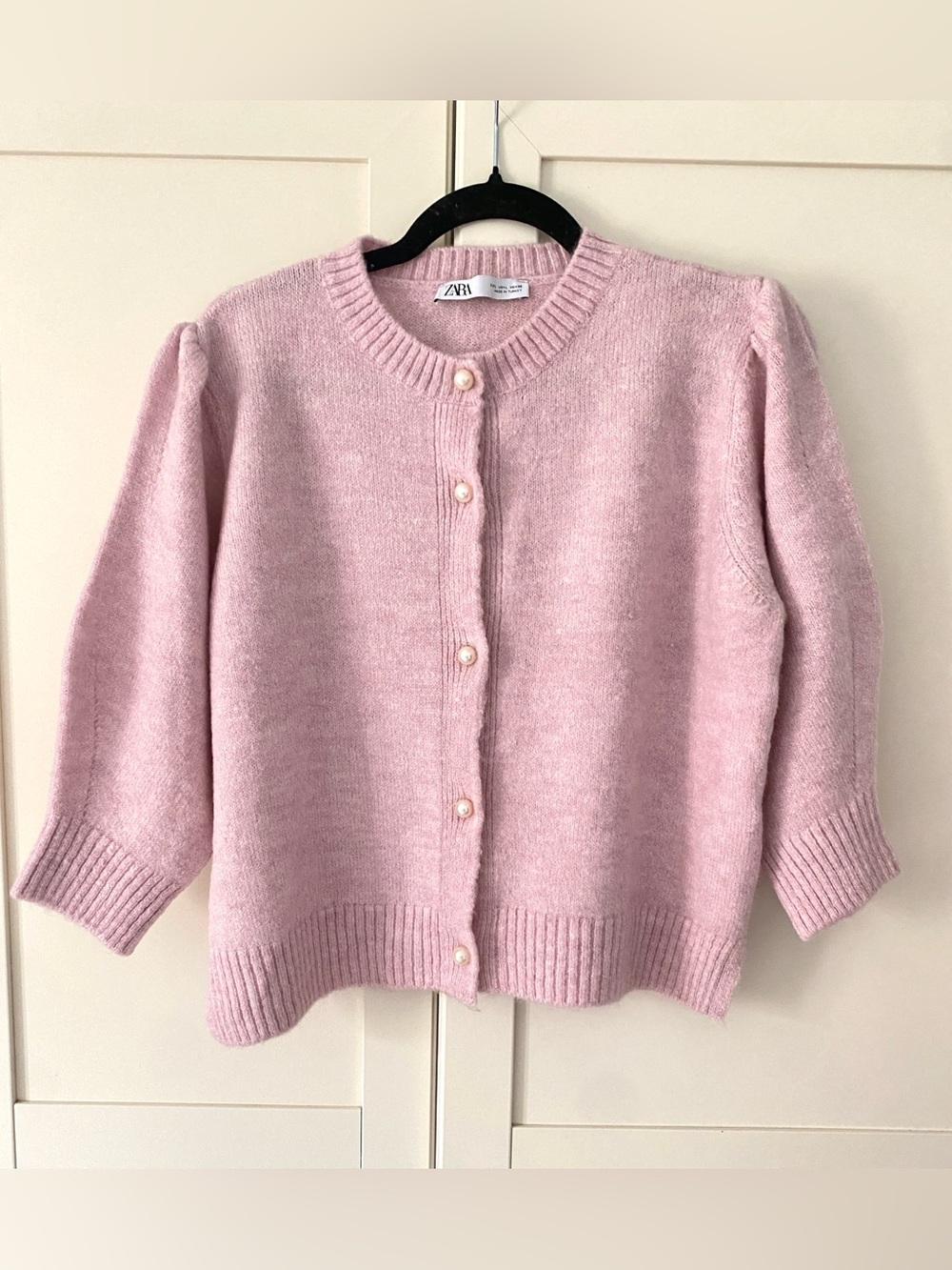 Zara Soft Pink Pearl-Button Cardigan | Feminine Romantic Knit | Size L
